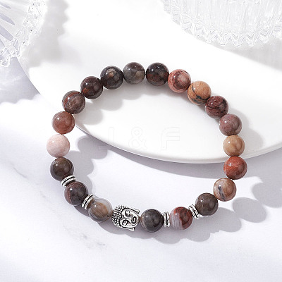 Natural Petrified Wood Round Stretch Bracelets BJEW-JB12610-01-1