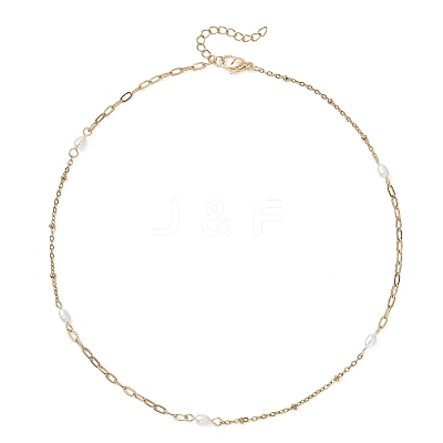 Natural Pearl Rice & 304 Stainless Steel Satellite Chain Paperclip Chain Necklaces for Women NJEW-JN05823-02-1