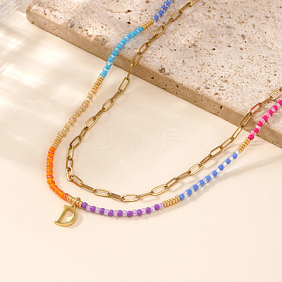 Colorful Glass Seed Beaded Initial Pendant Double Layer Necklaces QS3881-4-1