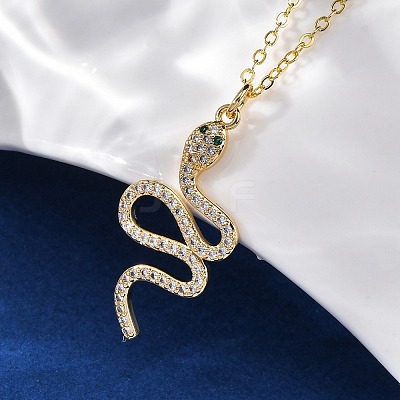 Brass Micro Pave Clear Cubic Zirconia Snake Pendant Necklaces NJEW-S438-02F-G-1