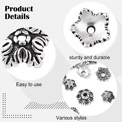 150Pcs 15 Styles Tibetan Style Alloy Flower Bead Caps FIND-YW0007-29-1
