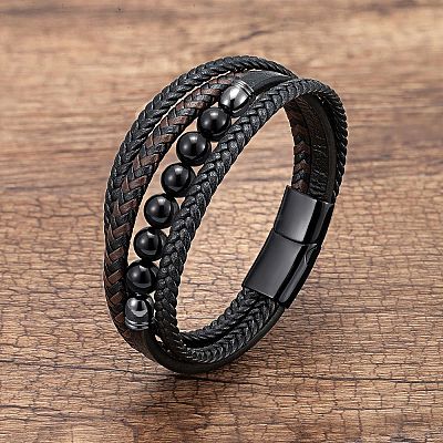 Natural Obsidian Round Beads & Braided Imitation Leather Cord Bracelets for Men FS-WGCE7B3-32-1