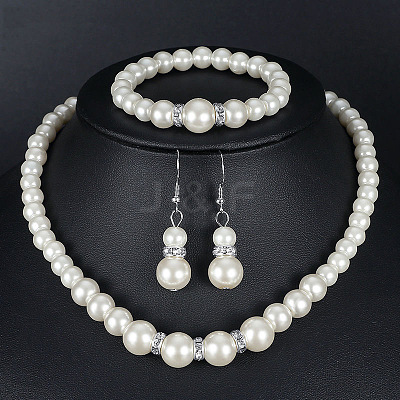 Round ABS Plastic Imitation Pearl Beaded Necklaces & Dangle Earring & Bracelets Sets FS-WG32AE8-01-1
