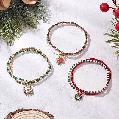 3Pcs Christmas Glass Seed Beads & Glass Beads Multi-layered Bracelets BJEW-MZ00240-1