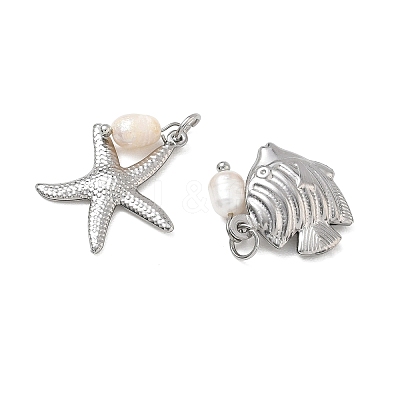 Ocean Sea Animals 304 Stainless Steel & Natural Freshwater Pearl Pendants PALLOY-JF06025-1