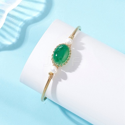 Wire Wrapped Natural Agate Cuff Bangles BJEW-TA00742-1