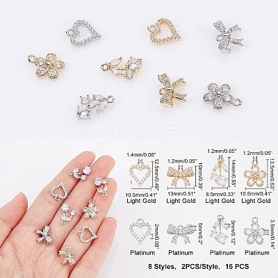 16Pcs 8 Style  Rack Plating Brass Micro Pave Cubic Zirconia Charms ZIRC-FH0001-17-1