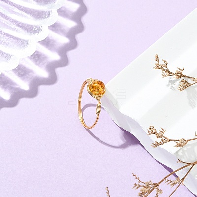 Copper Wired Natural Amber Finger Rings for Women RJEW-JR01052-01-1