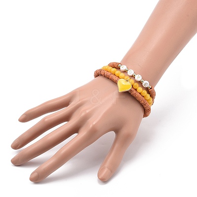 3Pcs 3 Style Natural Dyed Yellow Jade & Acrylic Word Love Beaded Stretch Bracelets Set with Alloy Enamel Heart Charms BJEW-JB08924-03-1