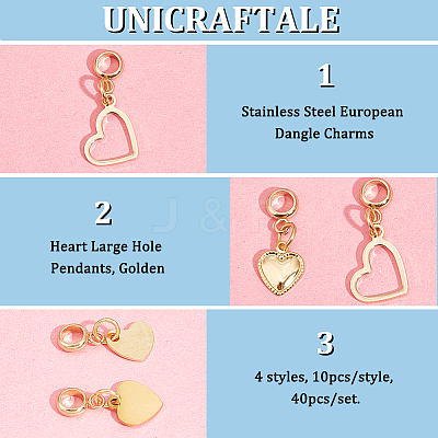 40Pcs 4 Styles 304 Stainless Steel European Dangle Charms PALLOY-UN00005-1