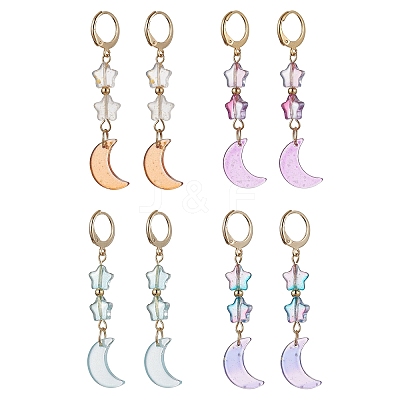 4 Pairs 4 Color Moon & Star Glass Dangle Leverback Earrings EJEW-JE05605-1