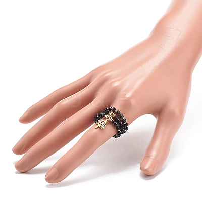 15Pcs 5 Set Natural Black Onyx & Synthetic Hematite Beaded Stretch Rings Set RJEW-JR00521-1