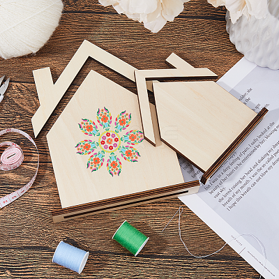 2Pcs 2 Styles House Shaped Wood Embroidery Display Card Holders ODIS-FH0001-19-1