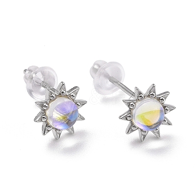 Anti-Tarnish Rhodium Plated 925 Sterling Silver Sunflower Stud Earring Findings EJEW-M202-03P-1