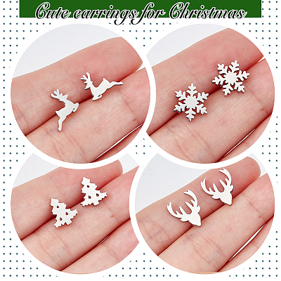 4 Pairs 4 Style Christmas Tree & Deer & Snowflake Exquisite Stainless Steel Stud Earrings for Women EJEW-AN0002-38-1