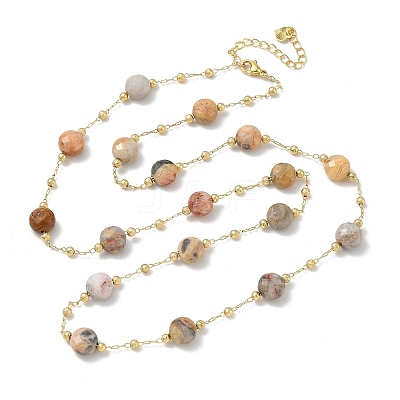 Natural Crazy Agate Faceted Flat Round Beaded Chain Necklaces with Matte Brass Beads GG-CBA37F5-01G-09-1