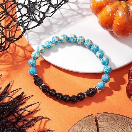 Synthetic Imperial Jasper & Turquoise & Painted Glass Beaded Stretch Bracelet for Women Men BJEW-JB12500-01-1