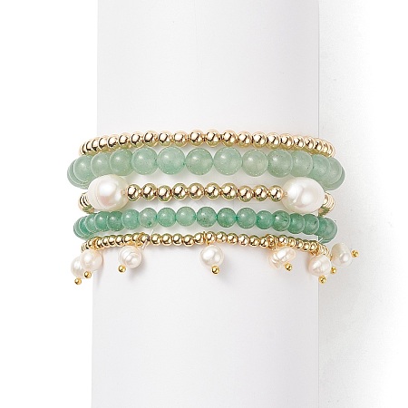 5Pcs 5 Style Natural Green Aventurine & Brass Beaded Stretch Bracelets Set BJEW-JB08870-03-1