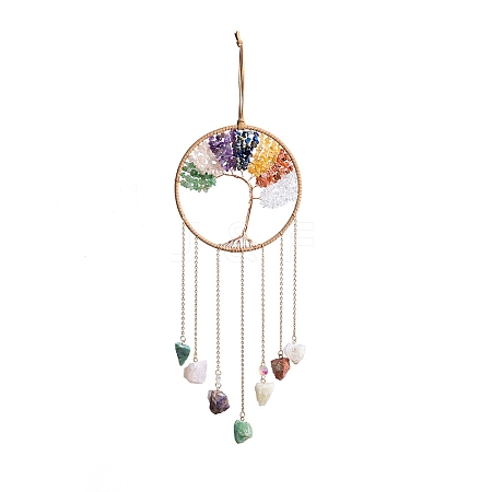 7 Chakra Copper Wire Wrapped Natural Mixed Stone Chips Tree of Life Suncatchers HJEW-F027-08-1