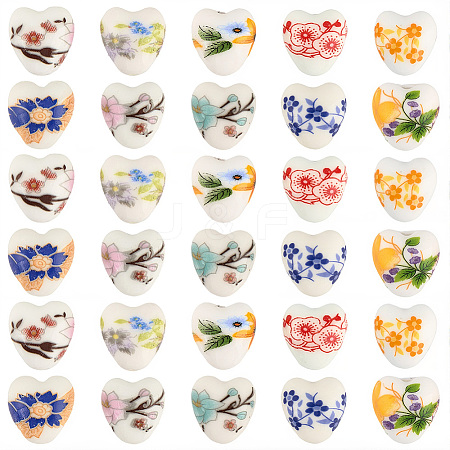 60Pcs 10 Colors Floral Printed Porcelain Beads PORC-PA0001-02-1