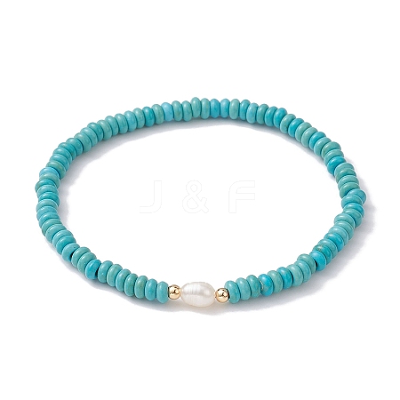 Synthetic Turquoise Rondelle & Natural Pearl Beaded Stretch Bracelets BJEW-JB09918-08-1