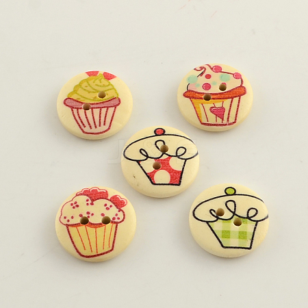 2-Hole Cake Pattern Printed Wooden Buttons BUTT-R031-045-1