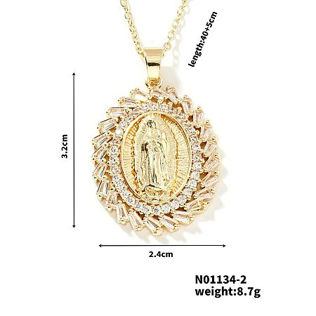 Golden Tone Brass Pave Cubic Zirconia Virgin Mary Pendant Necklaces OP0194-2-1