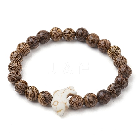 Synthetic Turquoise Dolphin Beads with Natural Wenge Wood Beaded Stretch Bracelets BJEW-JB10213-03-1