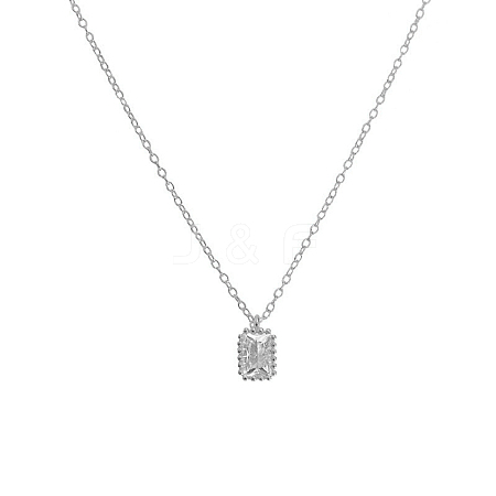 Classic Rectangle 925 Sterling Silver Clear Cubic Zirconia Pendant Cable Chain Necklaces DM1358-2-1