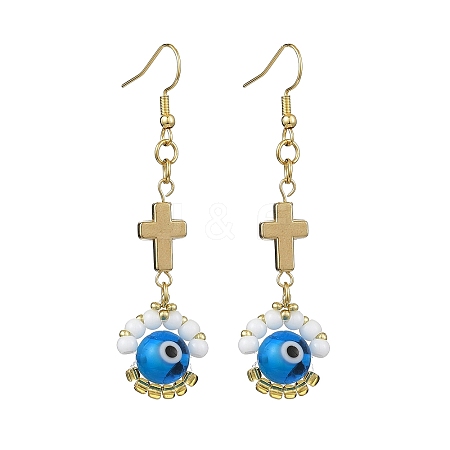 Handmade Seed Evil Eye & Cross Dangle Earrings EJEW-MZ00227-01-1