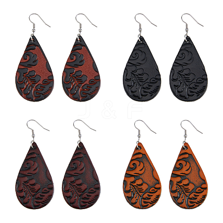 FIBLOOM 4 Pairs 4 Colors PU Leather Dangle Earrings with Steel Iron Pins EJEW-FI0003-09-1