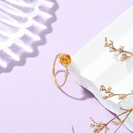Copper Wired Natural Amber Finger Rings for Women RJEW-JR01052-01-1