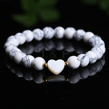 Natural Howlite Heart & Round Beads Stretch Bracelets for Men & Women LS-PW-WG82341-01-1