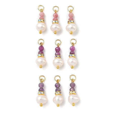 3Pcs 3 Styles Faceted Natural Ruby & Rhodonite & Amethyst and Potato Pearl Pandants PALLOY-JF06048-01-1