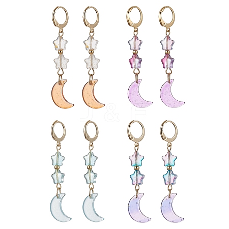 4 Pairs 4 Color Moon & Star Glass Dangle Leverback Earrings EJEW-JE05605-1