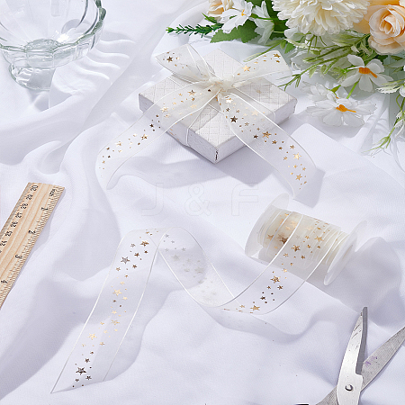 20 Yards Hot Stamping Star Polyester Chiffon Ribbons SRIB-LP0001-03-1