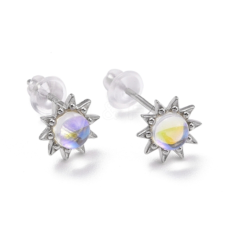 Anti-Tarnish Rhodium Plated 925 Sterling Silver Sunflower Stud Earring Findings EJEW-M202-03P-1