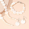 Natural Shell Flat Round Beaded Necklaces & Beaded Bracelets & Dangle Earrings Sets FS-WG8647B-01-5