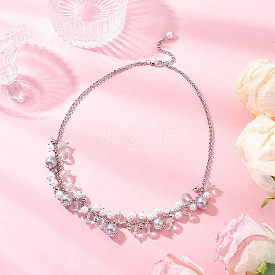Round Glass Beaded Bib 304 Stainless Steel Rolo Chain Necklaces NJEW-JN05359-02-1