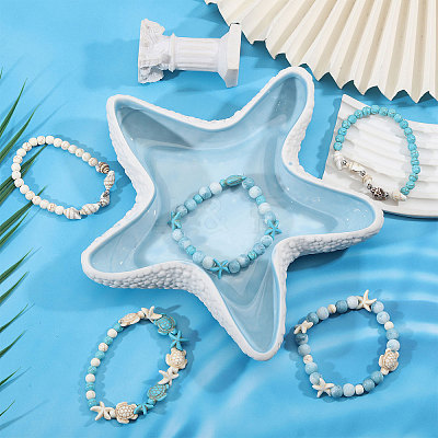 5Pcs Ocean Theme Synthetic Turquoise & Shell Beads Bracelet Sets BJEW-CA00001-1