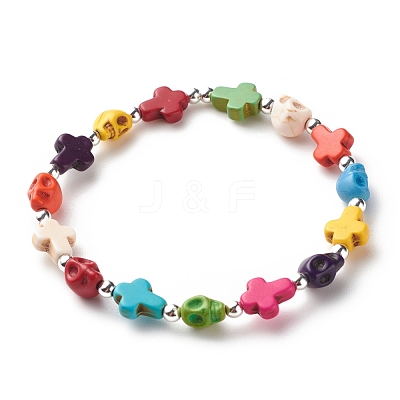 Synthetic Turquoise(Dyed) Cross & Skull Beaded Stretch Bracelet BJEW-JB08451-02-1