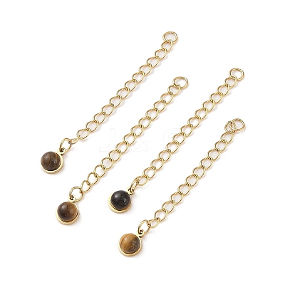 Ion Plating(IP) 316 Surgical Stainless Steel Curb Chain Extender with Natural Tiger Eye Round Charm High Polished STAS-A097-01G-01-1