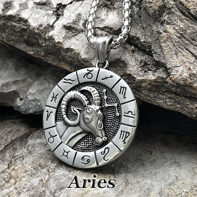 Flat Round with Engraved Twelve Constellation Alloy Pendant Necklace for Women Men WG25F4B-01-1