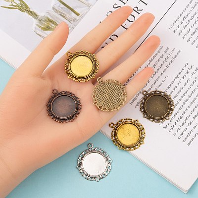 Flat Round Zinc Alloy Pendant Cabochon Settings PALLOY-X0013-NR-1
