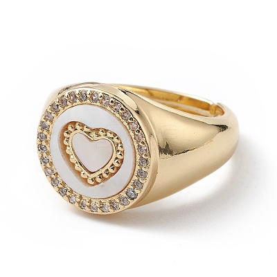 Clear Cubic Zirconia Heart Adjustable Ring with Enamel RJEW-C039-03-1