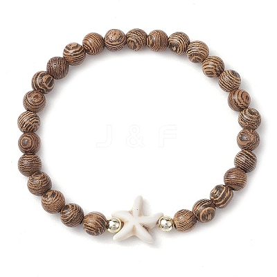 Summer Beach Starfish Dyed Synthetic Turquoise & 6mm Round Wenge Wood Beaded Stretch Bracelets for Women BJEW-JB10514-02-1