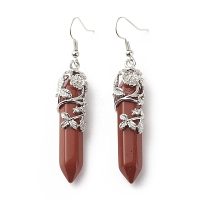 Natural Red Jasper Bullet with Flower Dangle Earrings EJEW-G300-02P-10-1