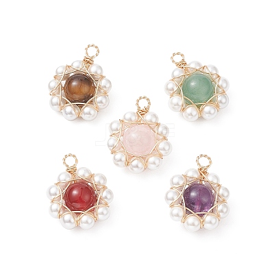 5Pcs 5 Styles Natural Mixed Gemstone Copper Wire Wrapped Pendants PALLOY-TA00038-1