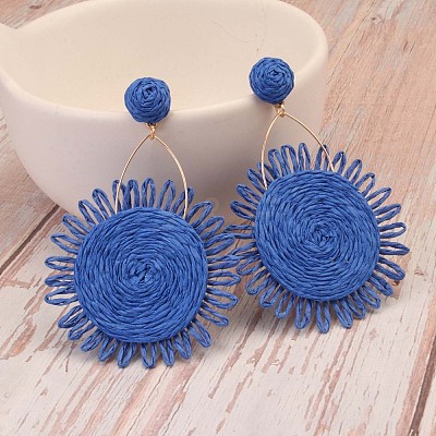Flower Alloy & Raffia Dangle Stud Earrings FS-WGE45CE-02-1