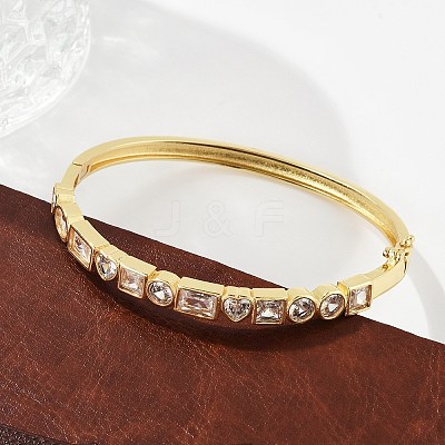 Brass Micro Pave Clear Cubic Zirconia Hinged Bangles for Women BJEW-K274-10G-1